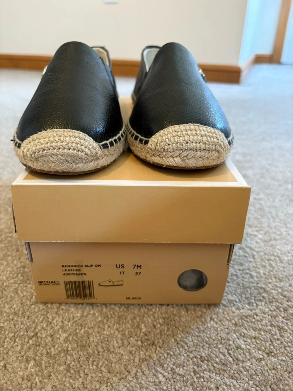 Michael Kors Black Leather Espadrille Slip-Ons with Natural Jute Trim